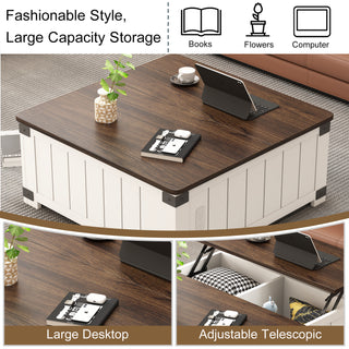 Farmhouse Lift Top Coffee Table with Storage, Wood Square Center Table with Charging Station&USB Ports, Living Room Central Table 4 grids Large Hidden Space, for Living Room, Bedroom, Home Office