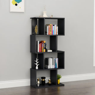 DFW 4-Tier S-Shaped Storage Shelf - Multifunctional Wooden Display Bookcase, Industrial Free-Standing Storage Rack for Living Room, Bedroom & Office (Black)