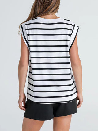 Striped Round Neck Cap Sleeve T-Shirt for Women