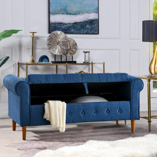 62" Bedroom Tufted Button Storage Bench, Modern Fabric Upholstered Ottoman, Window Bench, Rolled Arm Design for Bedroom, Living Room, Foyer (Blue)