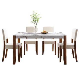 5-Piece Modern Dining Furniture Set, 4-Person Space-Saving Dinette for Kitchen, 46" Faux Marble Style Table and 4 Upholstered Chairs with Solid Rubberwood Legs