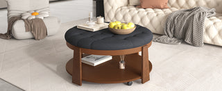 Modern Large Round Ottoman Coffee Table 2-Tier Oversized Button Tufted Ottoman with Wood Shelf Storage Upholstered Coffee Table for Living Room Footrest Ottoman with wheel, waterproof Linen