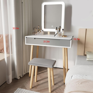 Vanity Table Set with Adjustable Brightness Mirror and Cushioned Stool, Dressing Table Vanity Makeup Table with Free Make-up Organizer