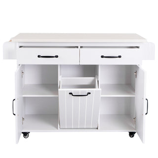 K&K Kitchen Island with Trash Can Storage Cabinet, Drop Leaf, Spice Rack, Towel Rack, Drawer, Rolling Kitchen Cart on Wheels with Adjustable Shelf, White
