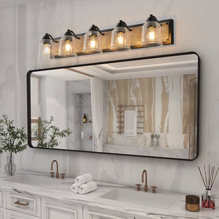 Farmhouse Vanity Light Fixture, 5-Light Bathroom Wall Sconce with Clear Seeded Glass Shades, Rustic Black Finish with Wood Backplate, Modern Industrial Design for Bathroom or Powder Room (No Bulbs)