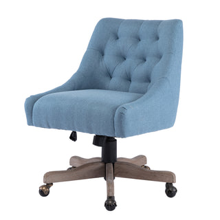 COOLMORE Office Chair Adjustable Height Swivel Chair with Wheels Linen Fabric Upholstered Computer Desk Chair with Wooden Legs (Navy Linen)