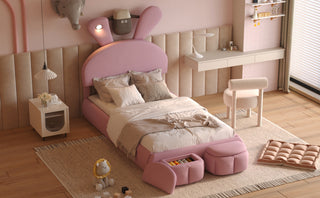 Twin Size Upholstered Platform Bed with Cartoon Ears Shaped Headboard and Light, Pink