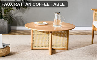 Naturally elegant wooden coffee table with faux rattan accents - perfect for stylish living rooms and cozy tea time