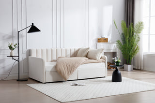 Elevate your living space with the Flora Upholstered Daybed, a stunning blend of modern luxury and functionality. This twin-size daybed is crafted with soft ivory velvet upholstery, offering a lavish, sophisticated look that enhances any room. The ribbed tufted backrest adds an extra layer of elegance, making it the perfect piece for a guest room, living room, or home office.

With the added convenience of 2 built-in drawers, this daybed offers hidden storage to help you keep your space organized. Whether y