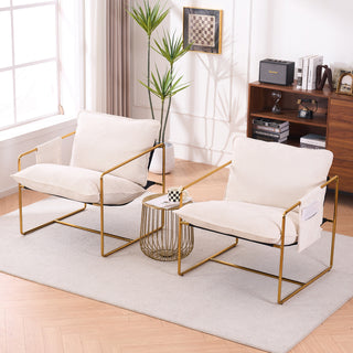 2 Chairs in 1 Box, Upholstered Hanging Armchair with Arm Pockets, Metal Frame, Gold-Plated Craftsmanship, Crushed Foam Cushions, Skin-Friendly Woven Fabric for Living Room and Bedroom, Beige