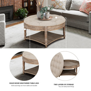 Large Round Waterproof Ottoman Coffee Table 2 Tier Oversized Button Tufted Ottoman with Wooden Shelf Storage Farmhouse Upholstered Coffee Table Living Room Footstool Ottoman Linen