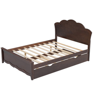 Full Size Wood Platform Bed with Headboard and Twin Size Trundle, Cappuccino