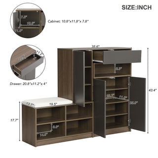 ON-TREND 2-in-1 Shoe Storage Bench & Shoe Cabinet, Multi-functional Shoe Rack with Padded Seat, Adjustable Shelves for Hallway, Grey