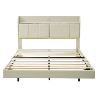 Queen Size Floating Bed Frame with Storage Headboard, Modern Upholstered Platform Bed with Touch Sensor Night Light and USB Charger, Beige