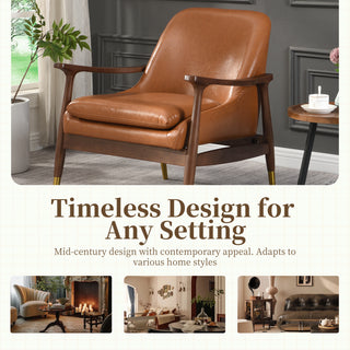 29.2'' Mid-Century Faux Leather Accent Chair with Cushioned Seat, Solid Wood Frame, and Brass-Tipped Legs – Ideal for Living Room, Bedroom, or Office Lounge