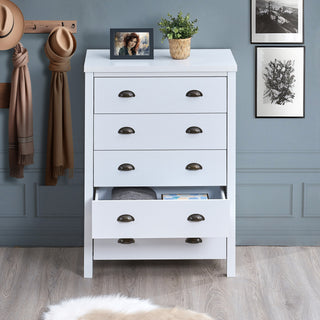 SAFARI 5-Drawer Chest with Interlock Drawer Feature – Pre-assembled Slide & Interlock System, Tall Dresser for Bedroom Clothes Organizer – Easy Assembly, Classic White