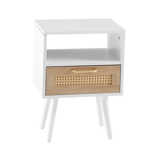 15.75" Rattan End table with  drawer and solid wood legs, Modern nightstand, side table for living room, bedroom, white