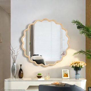 Solid Wood Wavy Mirror-Natural-Wood Vanity Mirror Wall Decor 42" x 42" Modern Mirror Wall Decor for Bathroom, Bedroom, Living Room, Dining Room, Cloakroom, Entryway