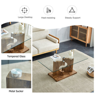 A rectangular modern and fashionable coffee table with tempered glass tabletop and wooden color MDF legs. Suitable for living room.47.2"*25.5"*18"