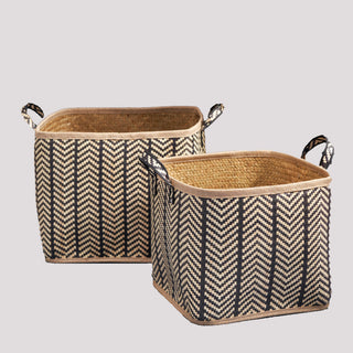 Square Palm Leaf Woven Wicker Storage Basket with Handles – Set of 2 (14" x 14" x 15" and 16" x 16" x 17") – Black and Brown – For Clothes, Books, Picnic, and Home Decoration