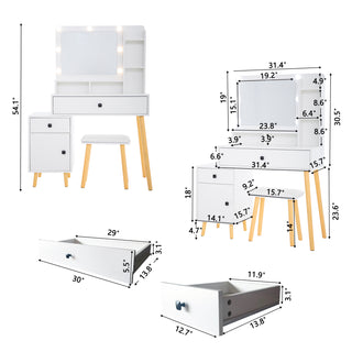 Dressing Table with Hollywood LED Mirror – Light Adjustable Brightness, White Wooden Cosmetic Table with Drawer and Storage Cabinet, Padded Stool Set