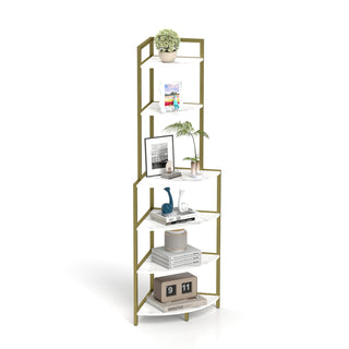 6-Tier Corner Open Shelf Modern Bookcase Wood Rack Freestanding Shelving Unit – Sturdy Space-Saving Stand for Living Room, Home Office, Kitchen, and Small Spaces