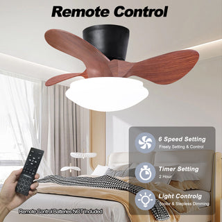 24'' walnut Small Ceiling Fan with Lights and Remote  LED 18W Modern  Flush Mount Ceiling Fan Adjustable Color,DC Quiet Motor Low Profile Ceiling Fan for Bedroom Kitchen Dining Patio,FCC