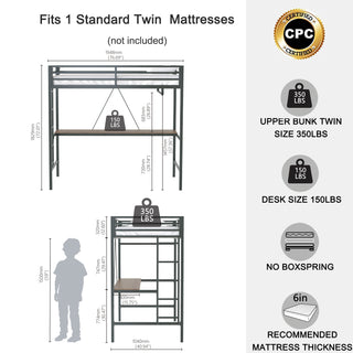 Adam Sturdy Twin Loft Bed - Black Frame with Cinnamon Wood Desk & Closet Rod, Space-Saving Loft Bed for Adults & Kids