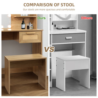 Vanity Desk Set Stool & Dressing Table with LED Lighting Mirror Drawer and Compartments Modern Wood Cosmetic Table Chest of Drawers Nature Color