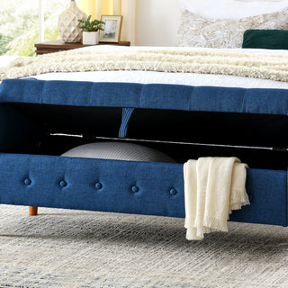 62" Bedroom Tufted Button Storage Bench, Modern Fabric Upholstered Ottoman, Window Bench, Rolled Arm Design for Bedroom, Living Room, Foyer (Blue)