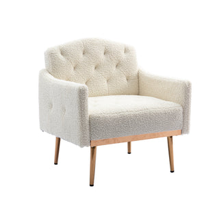 COOLMORE Modern Accent Chair with Arms, Tufted Decorative Fabric Armchair with Gold Metal Legs, Upholstered Reading Chair for Living Room Bedroom Office (White Teddy)