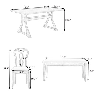 TOPMAX Retro 6-Piece Trestle Dining Table Set – Upholstered Dining Chairs & Dining Bench, Smooth Backs for Dining Room, Living Room, Kitchen, Natural Finish