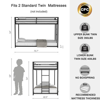 Adam Sturdy Twin over Twin Bunk Bed Metal Black for Kids and Adult, Low Profile Twin over twin bunk bed with Ladder and Guardrails, Easy Climbing, Beds for Bedroom