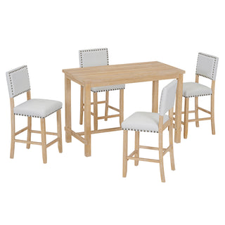 TREXM 5-Piece Counter Height Dining Set, Classic Elegant Table and 4 Chairs in Natural Wood Wash