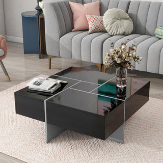 ON-TREND Unique Design Coffee Table with 4 Hidden Storage Compartments, Extendable Sliding Top, UV High-Gloss Finish, Square Cocktail Table for Living Room, 31.5" x 31.5"