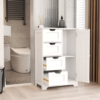 White freestanding storage cabinet with adjustable shelves, 4 drawers, and 1 door