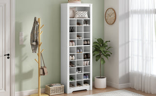 ON-TREND Stylish Design 30 Shoe Cubby Console, Contemporary Shoe Cabinet with Multiple Storage Capacity, Free Standing Tall Cabinet with Versatile Use for Hallway,  Bedroom, White