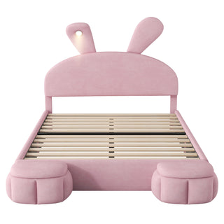 Full Size Upholstered Platform Bed with Cartoon Ears Shaped Headboard and Light, Pink