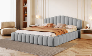 Velvet Upholstered Queen Bed Floor Bed Frame Shell-Shaped Headboard for Bedroom,No Box Spring Needed,Light Blue