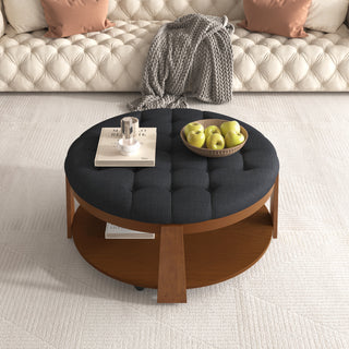 Modern Large Round Ottoman Coffee Table 2-Tier Oversized Button Tufted Ottoman with Wood Shelf Storage Upholstered Coffee Table for Living Room Footrest Ottoman with wheel, waterproof Linen