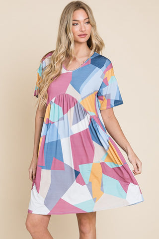 BOMBOM Ruched Color Block Short Sleeve Dress for Women