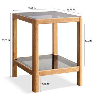 Natural Oak Wood End Table with Tempered Glass for Living Room, Dinning Room, or Bedroom