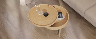 Modern Round Wood Rotating Tray Coffee Table with Storage & Metal Legs in Natural