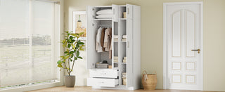 3-Door Mirror Wardrobe with 2 Drawers and Top Cabinet, White