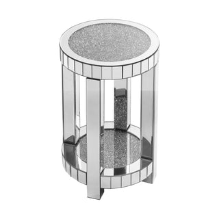 Mirror round table with crystal inlay, 2-layer modern small sofa table with storage space, silver decorative table suitable for living room, bedroom, coffee and small spaces