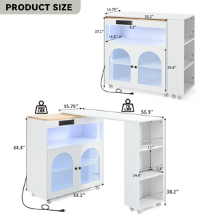 K&K Rolling Kitchen Island With Extended Table, Kitchen island on Wheels with LED Lights,Power Outlets and 2 Fluted Glass Doors, Kitchen Island with a Storage Compartment and Side 3 Open Shelves,White