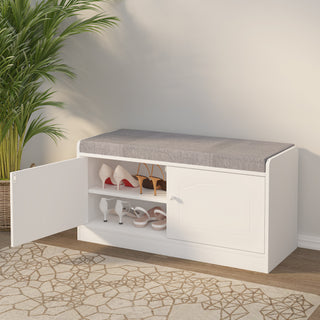 Shoe Storage Bench with 2 Door Cabinet, Cushioned Entryway Bench with Adjustable Shelves, Shoe Rack Bench for Entrance, Hallway, Bedroom - White and Gray