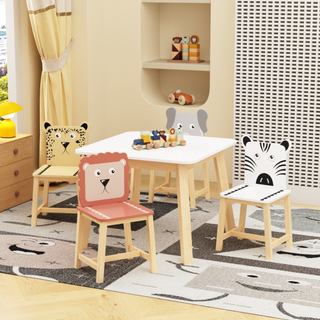 5 Piece Kiddy Table and Chair Set , Kids Wood Table with 4 Chairs Set Cartoon Animals (bigger table) (3-8 years old)