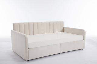 Elevate your living space with the Flora Upholstered Daybed, a stunning blend of modern luxury and functionality. This twin-size daybed is crafted with soft ivory velvet upholstery, offering a lavish, sophisticated look that enhances any room. The ribbed tufted backrest adds an extra layer of elegance, making it the perfect piece for a guest room, living room, or home office.

With the added convenience of 2 built-in drawers, this daybed offers hidden storage to help you keep your space organized. Whether y