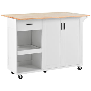 K&K Kitchen Island with Foldable Countertop, Rolling Storage Cart with Slide-Out Shelf, Towel Rack, Drawer, and Wheels, for Kitchen, Dining Room, Living Room, White